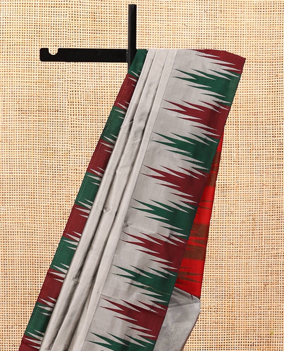Grey Plain Bangalore Silk Saree, Complemented by a Contrast Temple Border, Pallu of Stripes, and a Contrast Blouse