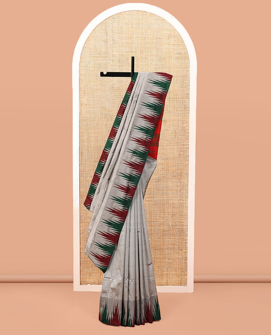 Grey Plain Bangalore Silk Saree, Complemented by a Contrast Temple Border, Pallu of Stripes, and a Contrast Blouse