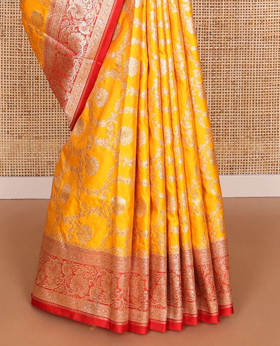 Orange floral jaal design semi banaras nylon saree with self floral zari design border & floral design pallu