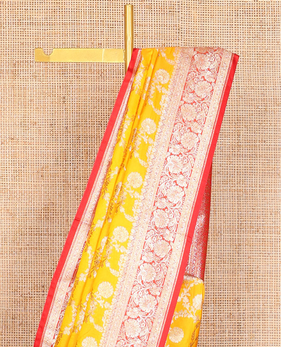 Orange floral jaal design semi banaras nylon saree with self floral zari design border & floral design pallu