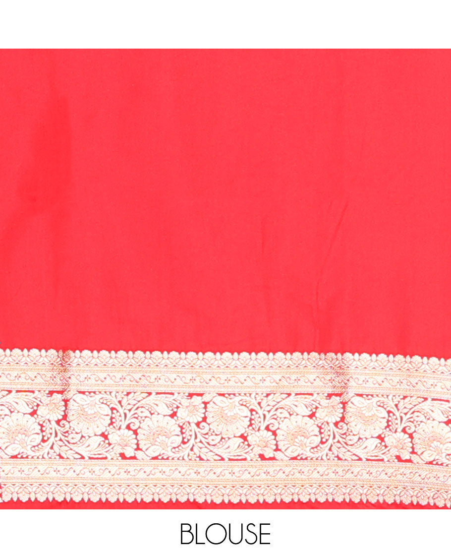 Orange floral jaal design semi banaras nylon saree with self floral zari design border & floral design pallu