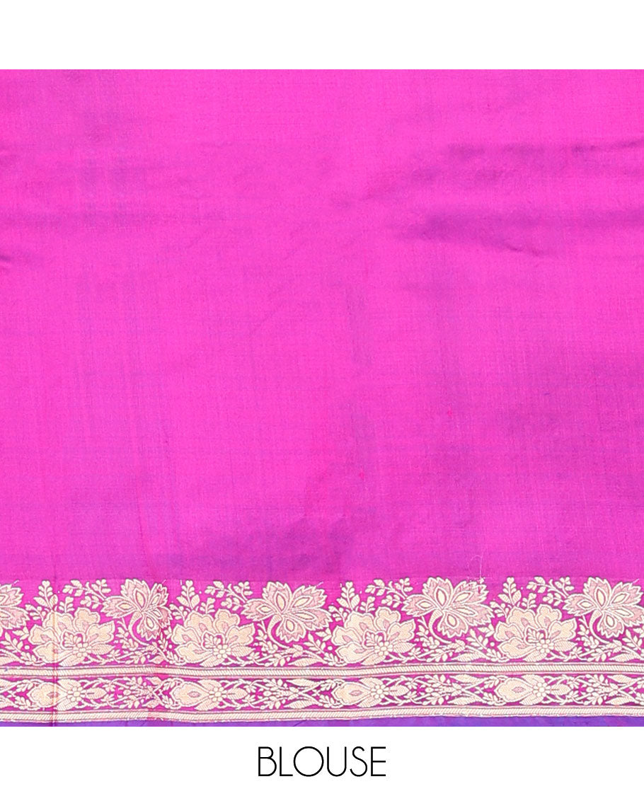 Pink paisley buttas woven banarasi kathan silk saree, floral creeper zari border, and floral jaal pallu