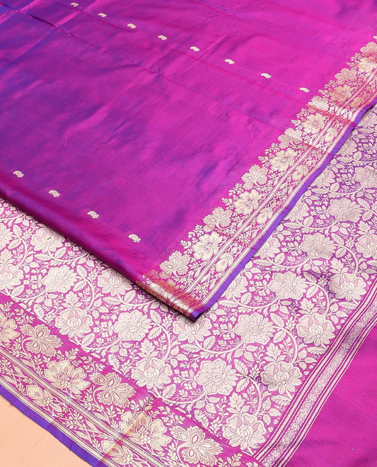 Pink paisley buttas woven banarasi kathan silk saree, floral creeper zari border, and floral jaal pallu