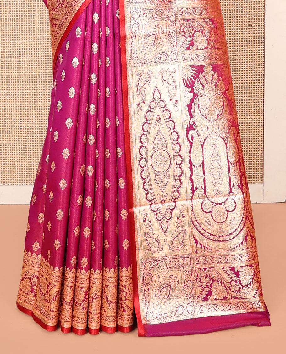 Magenta Banarasi Nylon Saree, Enthralled with Buttas, Floral Creeper Zari Border, Intricate Pallu, and a Contrast Blouse