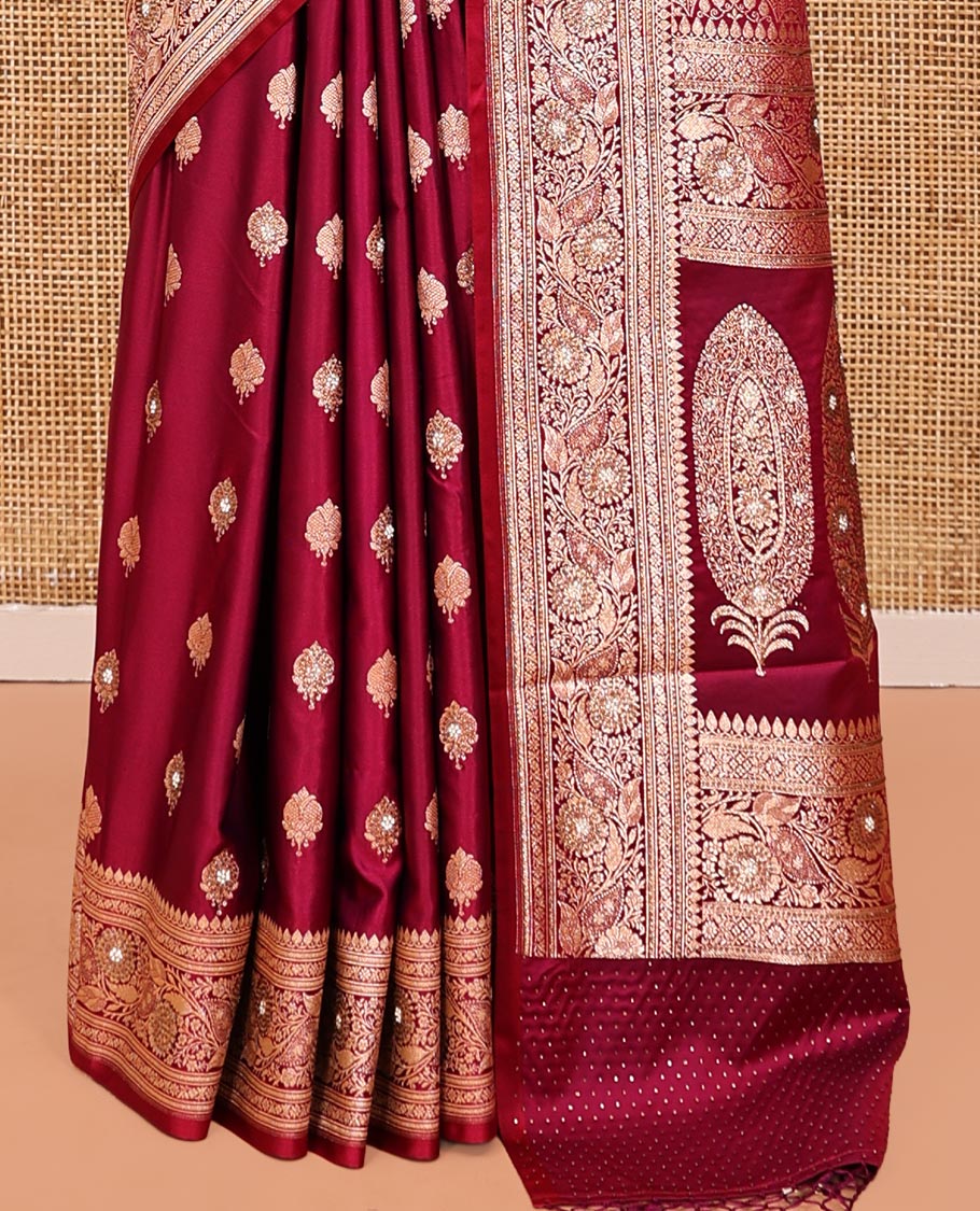 Red Wine Banarasi Satin Saree, Enthralled with Zari Buttas, a Floral Creeper Border, Intricate Stonework Pallu, and a Matching Blouse