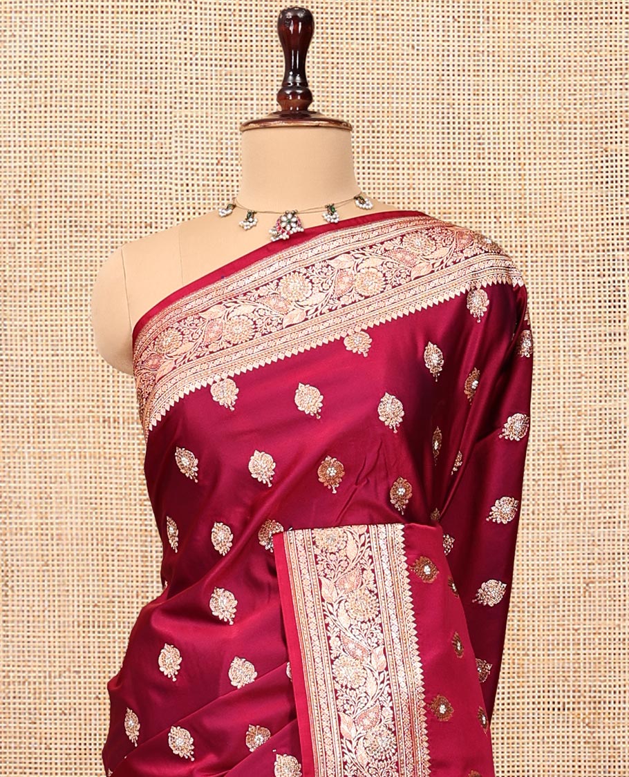 Red Wine Banarasi Satin Saree, Enthralled with Zari Buttas, a Floral Creeper Border, Intricate Stonework Pallu, and a Matching Blouse