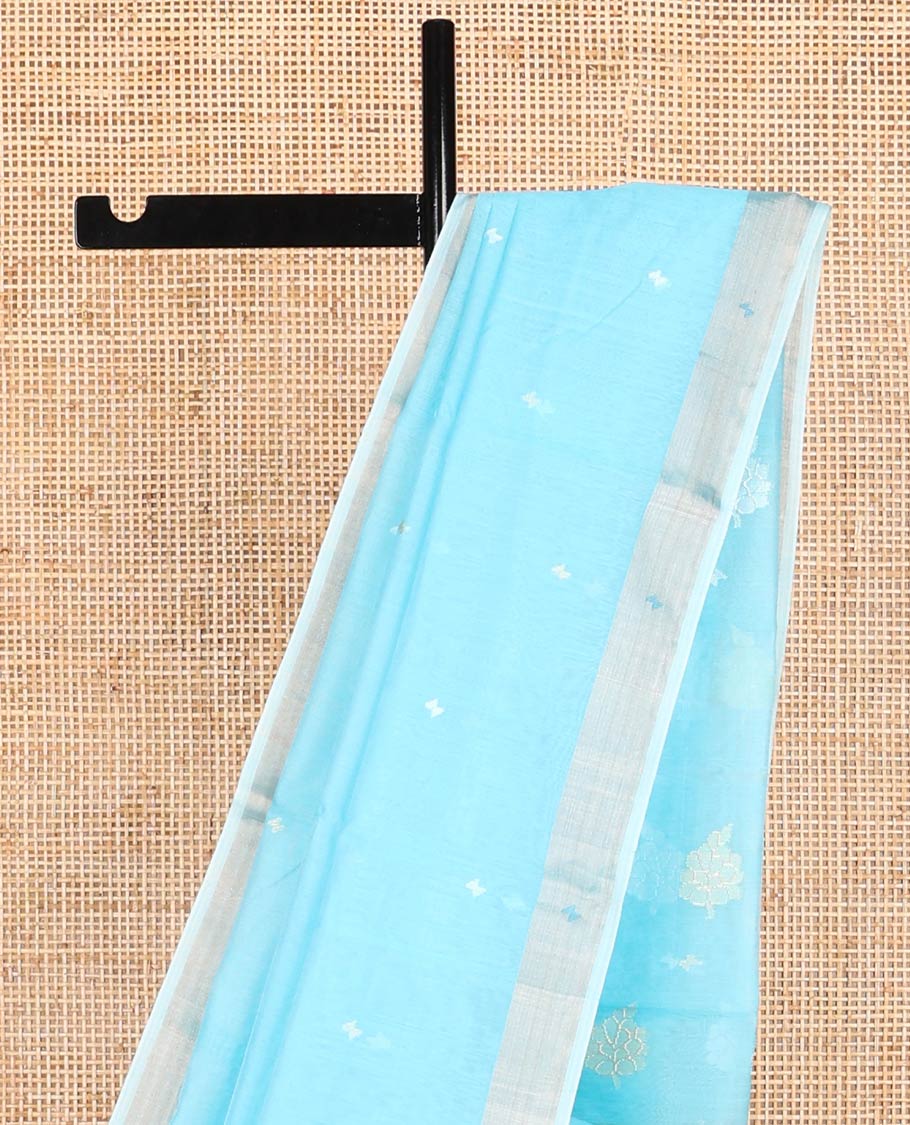 Light blue floral motifs chanderi cotton saree with contrast border & striped, floral design pallu