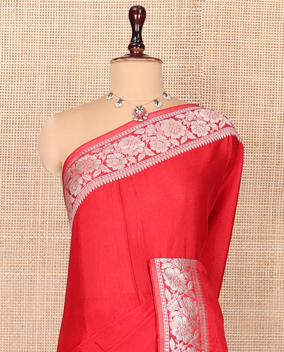 Red Plain Fancy Crepe Saree, Highlighted by a Floral Border, Pallu of Floral Designs, and a Matching Blouse