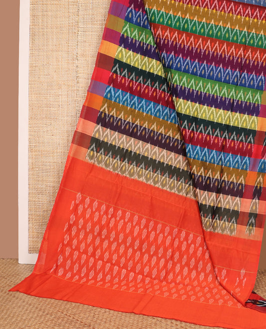 Multi-color rainbow-toned striped with chevron design ikkat cotton saree, multi-color striped border, and contrast pallu of buttas