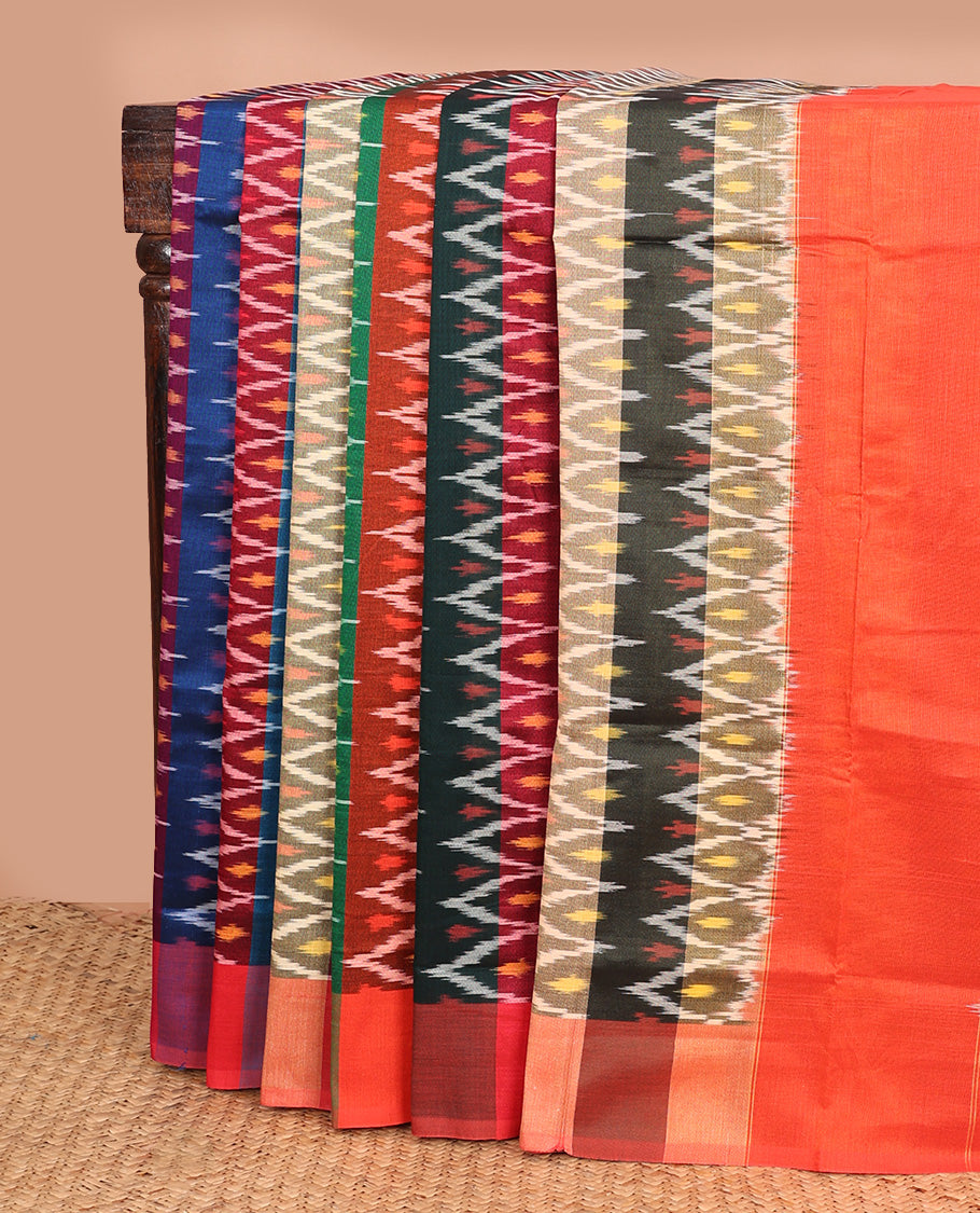 Multi-color rainbow-toned striped with chevron design ikkat cotton saree, multi-color striped border, and contrast pallu of buttas