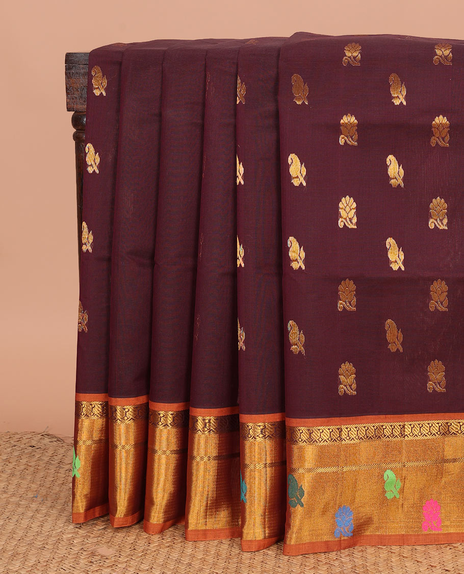 Maroon zari buttas Venkatagiri cotton saree, contrast zari and thread work border, and zari striped pallu