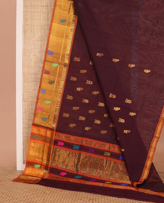 Maroon zari buttas Venkatagiri cotton saree, contrast zari and thread work border, and zari striped pallu