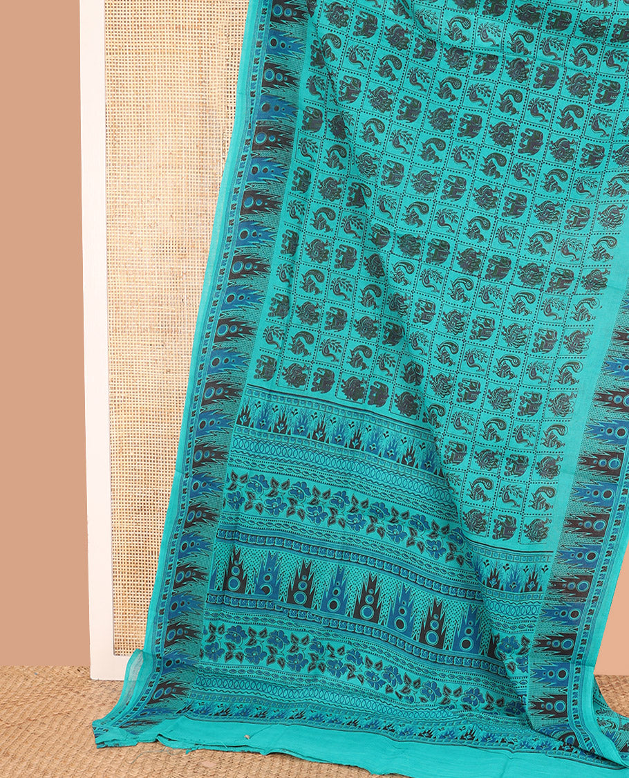 Blue Sungudi Cotton Saree Gracefully Printed with Animal Butta Enclosed Checks, Adorned with Temple Elephant Motif Border, and Artfully Printed Pallu