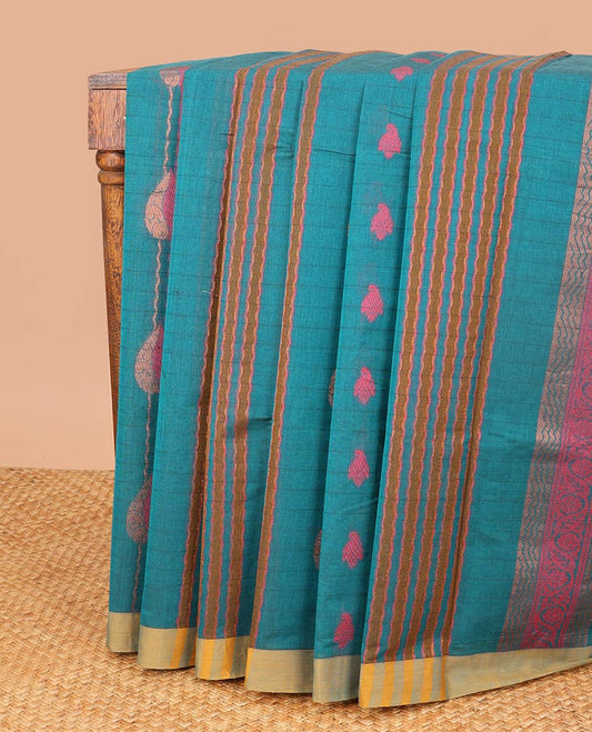 Blue striped, floral motifs coimbatore cotton saree with contrast zari border & paisley design pallu