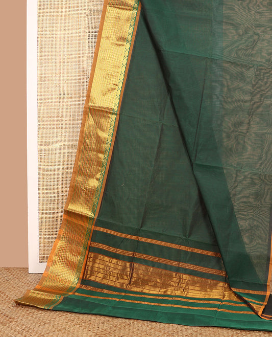 Green plain Venkatagiri cotton saree with contrast traditional zari border, and pallu of zari stripes