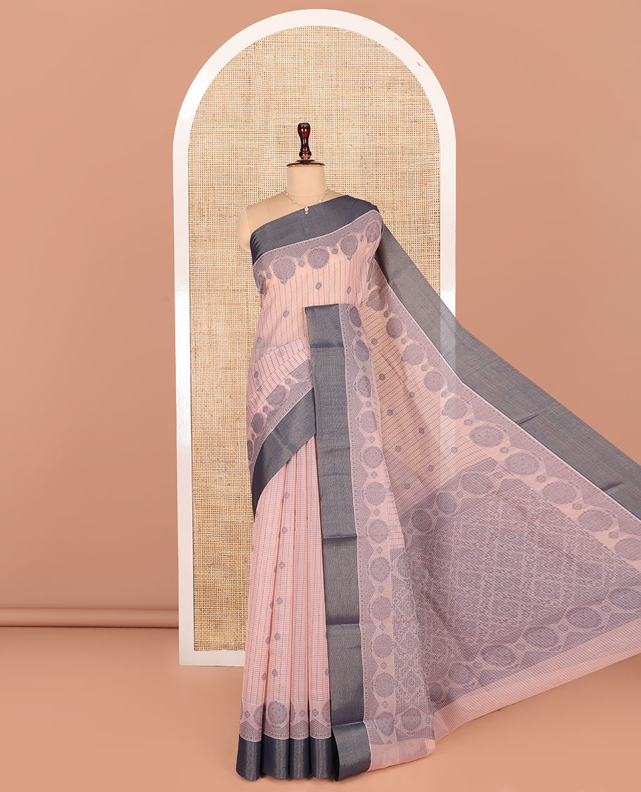 Peach Semi-Silk Cotton Saree, Adorned with Stripes and Buttas All Over Its Body, Complemented by Contrast Border, Pallu of Intricate Designs, and Paired with a Matching Blouse