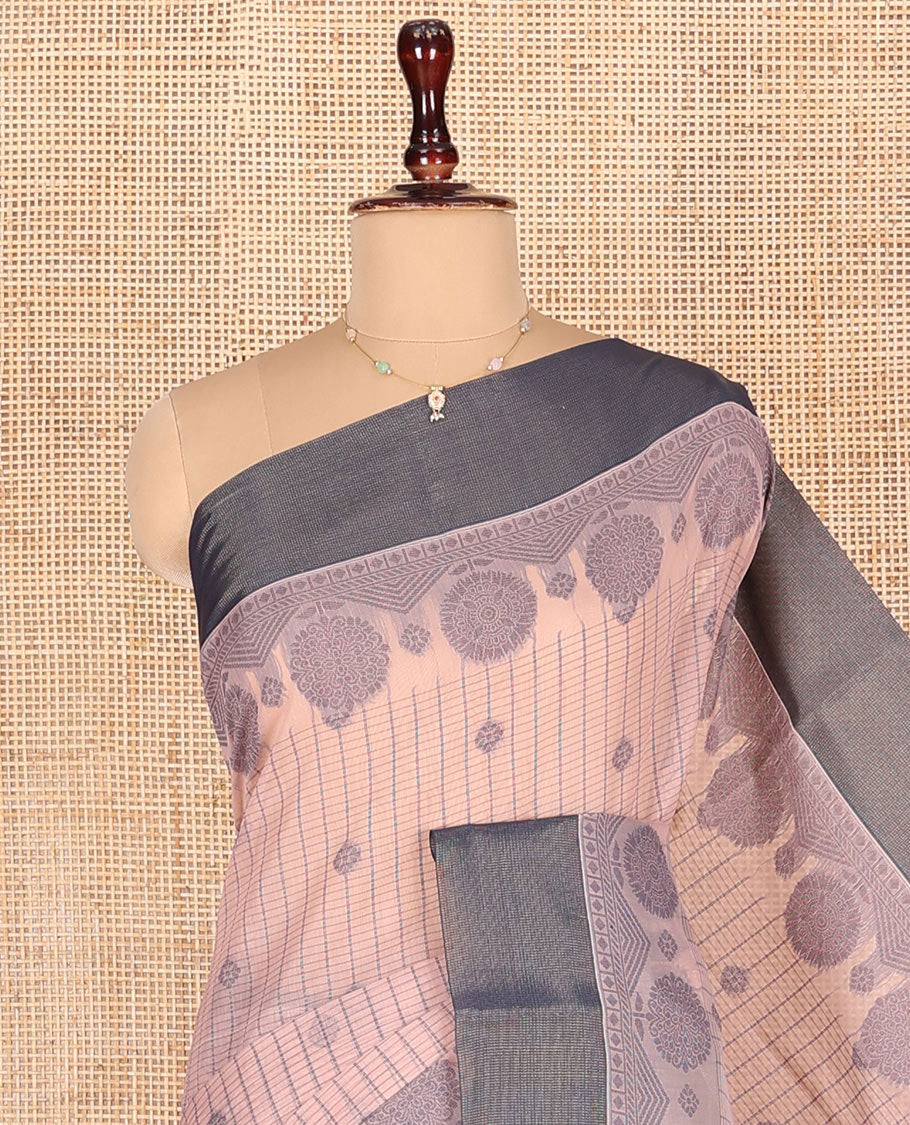 Peach Semi-Silk Cotton Saree, Adorned with Stripes and Buttas All Over Its Body, Complemented by Contrast Border, Pallu of Intricate Designs, and Paired with a Matching Blouse
