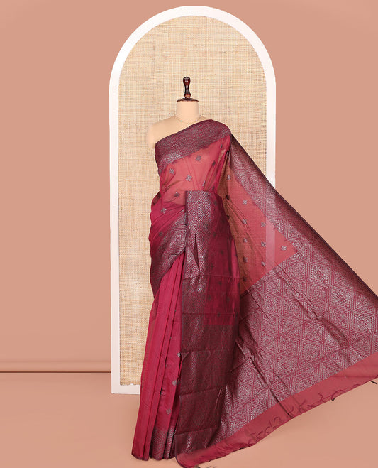 Red Semi-Silk Cotton Saree, Gleamed up with Zari Buttas on Its Body, Highlighted by Zari Border, Pallu of Jaal Designs, and Paired with a Matching Blouse