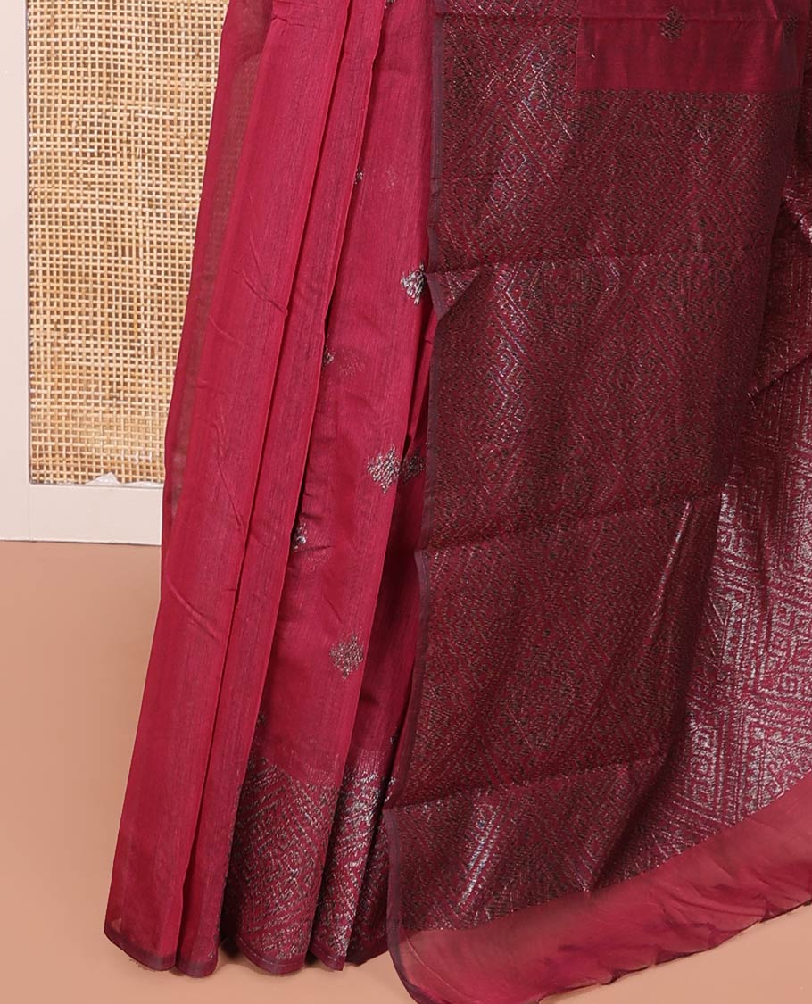 Red Semi-Silk Cotton Saree, Gleamed up with Zari Buttas on Its Body, Highlighted by Zari Border, Pallu of Jaal Designs, and Paired with a Matching Blouse