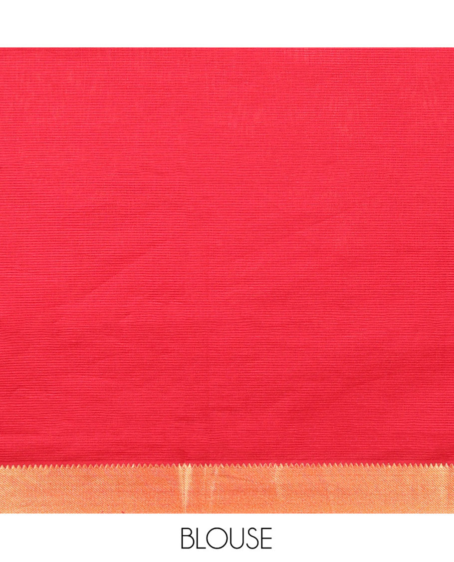 Red Sparsely Striped Mangalgiri Cotton Saree, Highlighted by a Zari Border, Gleaming Zari-Striped Pallu, and Paired with a Matching Blouse