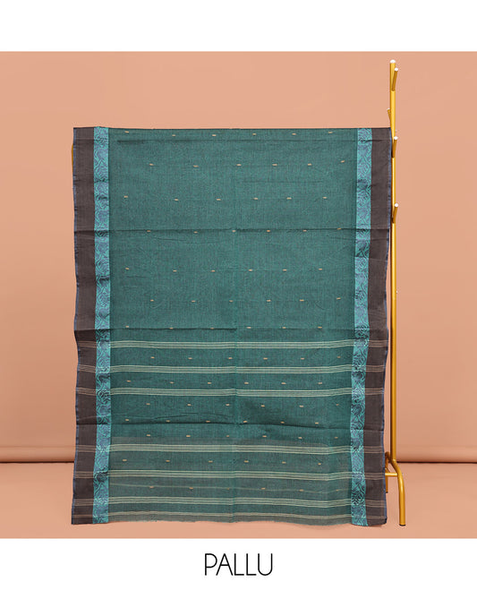 Blue Bengal Cotton Saree, Mesmerized with Buttas on Its Body, Complemented by a Contrast Floral Creeper Design Border, Pallu of Stripes and Buttas, and Paired with a Matching Blouse