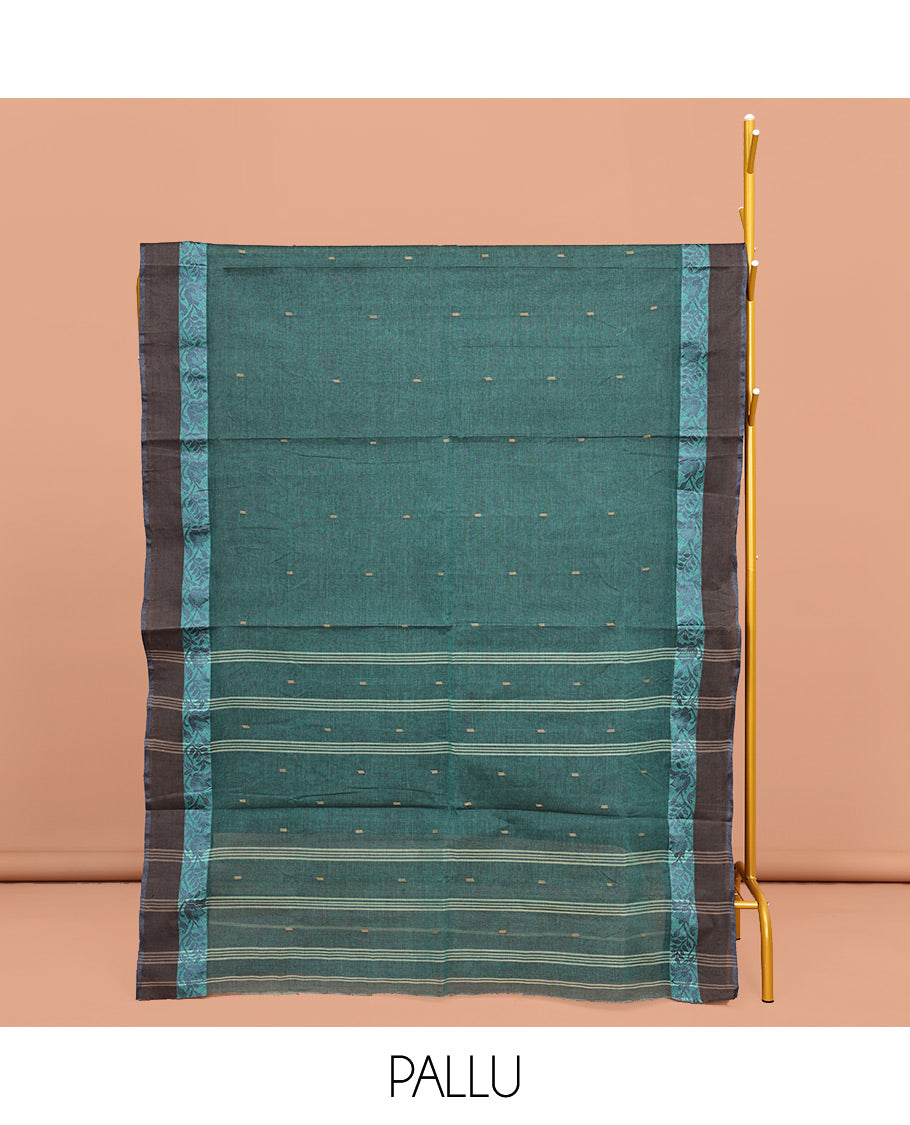 Blue Bengal Cotton Saree, Mesmerized with Buttas on Its Body, Complemented by a Contrast Floral Creeper Design Border, Pallu of Stripes and Buttas, and Paired with a Matching Blouse
