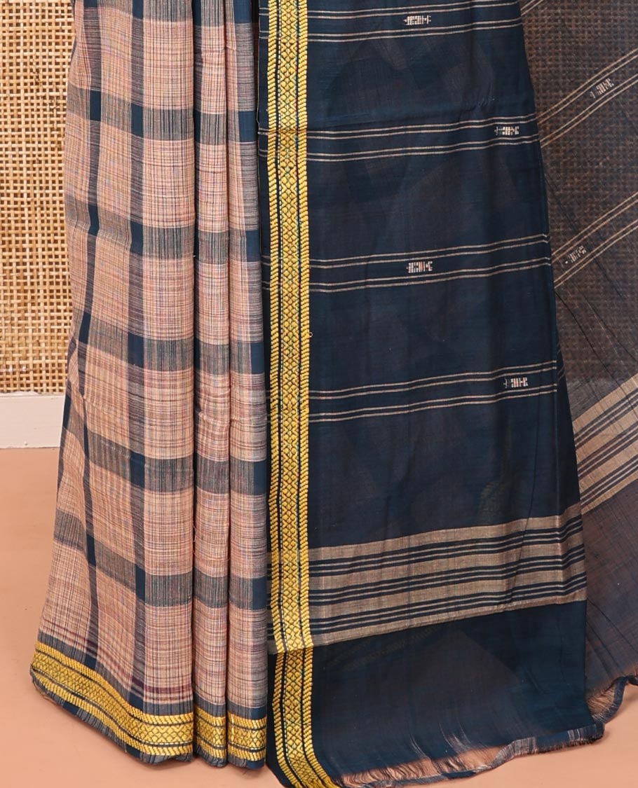 Peacock Blue Andhra Cotton Saree, Woven with Big Checked Design All Over Its Body, Subtly Sparked with a Traditional Border, Pallu of Stripes, and Paired with a Matching Blouse