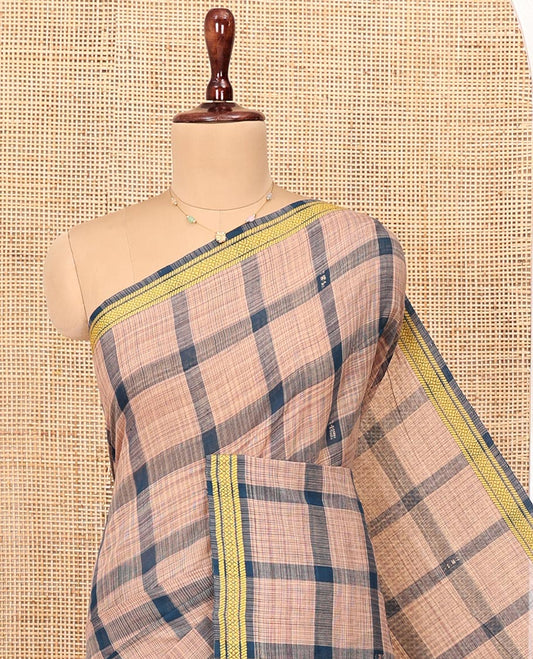 Peacock Blue Andhra Cotton Saree, Woven with Big Checked Design All Over Its Body, Subtly Sparked with a Traditional Border, Pallu of Stripes, and Paired with a Matching Blouse