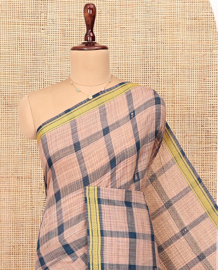 Peacock Blue Andhra Cotton Saree, Woven with Big Checked Design All Over Its Body, Subtly Sparked with a Traditional Border, Pallu of Stripes, and Paired with a Matching Blouse