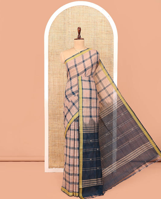 Peacock Blue Andhra Cotton Saree, Woven with Big Checked Design All Over Its Body, Subtly Sparked with a Traditional Border, Pallu of Stripes, and Paired with a Matching Blouse