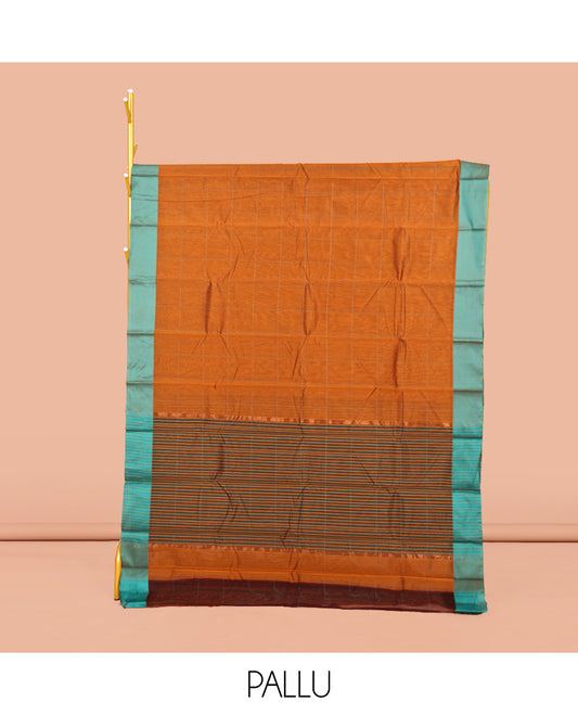 Orange Semi-Silk Cotton Saree, Sparsely Sparkled with Checks All Over Its Body, Complemented by a Contrast Border, Contrast Pallu, and Paired with a Contrast Blouse