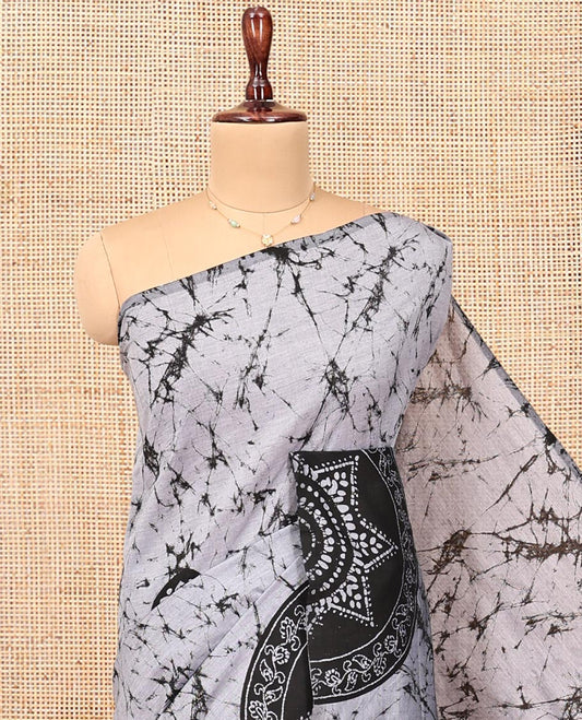 Borderless Grey-Black Poly Cotton Saree, Decked Up with Batik Print, a Self-Printed Pallu, and a Matching Blouse