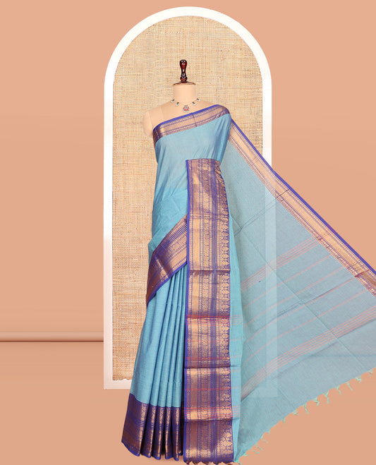 Blue Plain Chettinad Cotton Saree, Complemented by a Contrast Traditional Zari Big Border, Striped Pallu, and a Matching Blouse