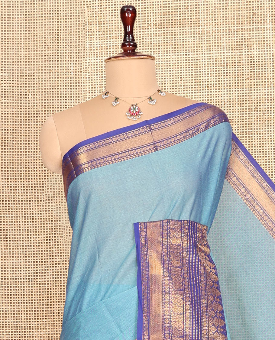 Blue Plain Chettinad Cotton Saree, Complemented by a Contrast Traditional Zari Big Border, Striped Pallu, and a Matching Blouse