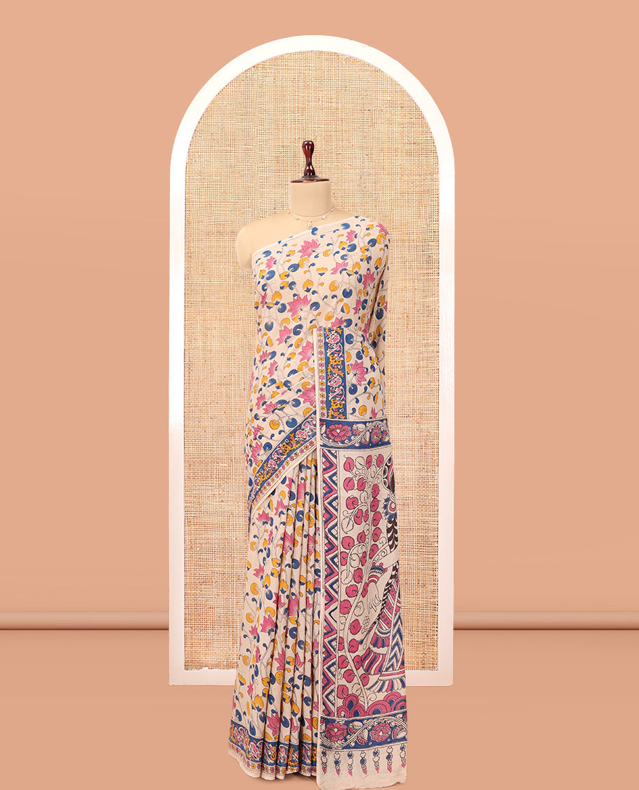 Multi-Color Kalamkari Cotton Saree, Adorned with Floral Vine Print, Contrast Printed Border, Kalamkari Peacock Motifs Pallu, and a Matching Blouse