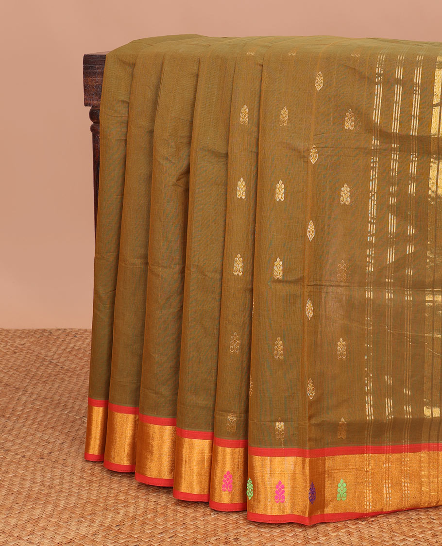 Brown motifs venkatagiri cotton saree with contrast zari design border & striped pallu
