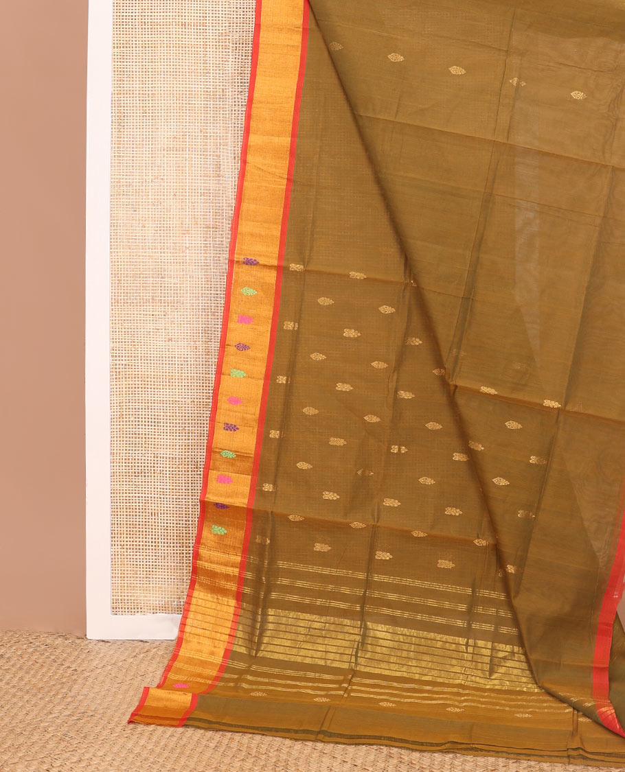 Brown motifs venkatagiri cotton saree with contrast zari design border & striped pallu