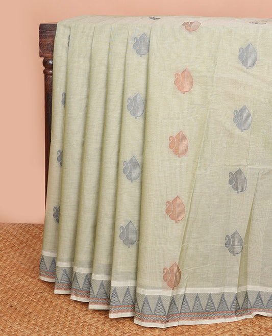 Green buttas Combatiore cotton saree, temple design border & intricately designed pallu