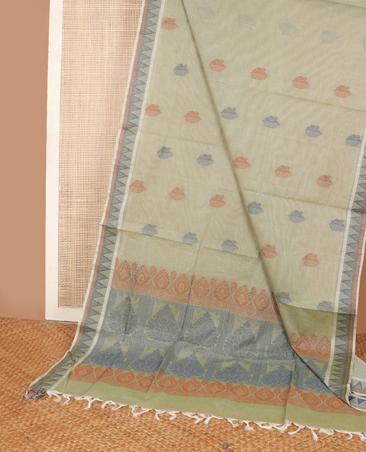Green buttas Combatiore cotton saree, temple design border & intricately designed pallu