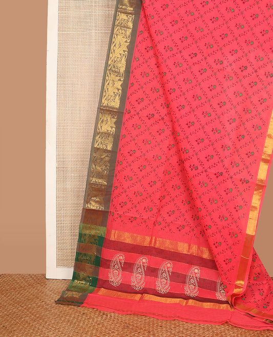 Pink floral butta enclosed jaal printed Andhra cotton saree, contrast traditional zari border & pallu of paisley print & zari stripes