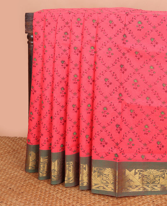 Pink floral butta enclosed jaal printed Andhra cotton saree, contrast traditional zari border & pallu of paisley print & zari stripes