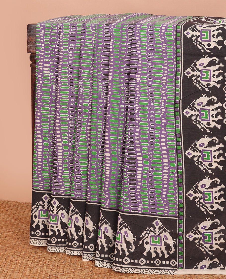 Violet geometric machine-printed kalamkari cotton saree, contrast printed border & pallu of Patola-style elephant motifs print