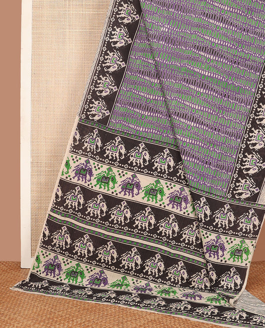 Violet geometric machine-printed kalamkari cotton saree, contrast printed border & pallu of Patola-style elephant motifs print