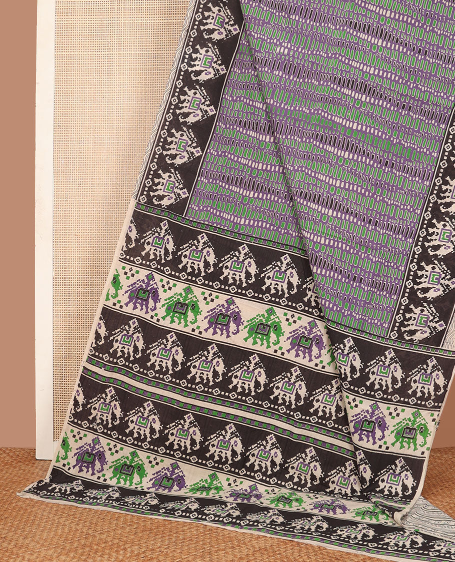 Violet geometric machine-printed kalamkari cotton saree, contrast printed border & pallu of Patola-style elephant motifs print