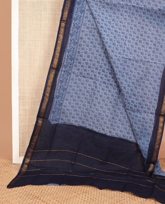 Grey unique motifs printed Sungudi cotton saree, contrast traditional zari border & zari striped pallu