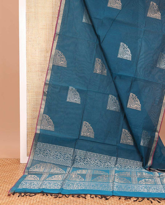 Blue zari buttas Coimbatore cotton saree, zari piping border, and pallu of Mughal style peacock designs