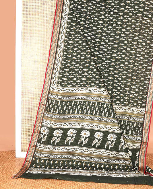 Green pine tree style motifs printed mul mul cotton saree, contrast traditional motifs border, and pallu of floral and pine tree motifs print