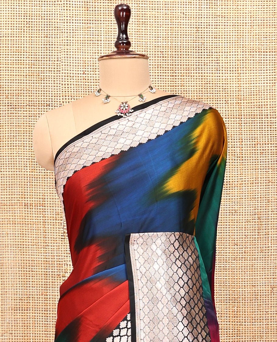 Green-Multi-Color Mushru Silk Saree with Pochampally Weave, Contrast Ogee Border, Grand Ogee Pallu, and Contrast Blouse