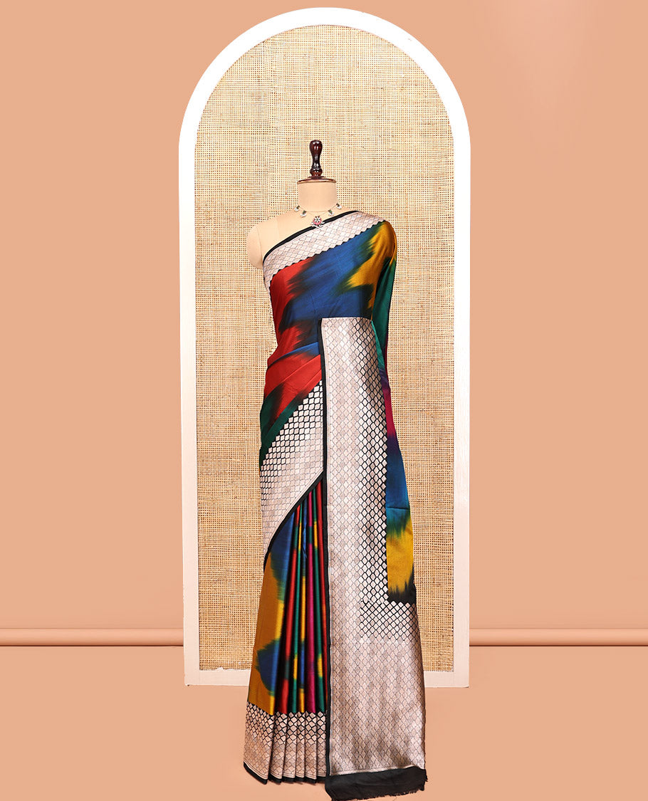 Green-Multi-Color Mushru Silk Saree with Pochampally Weave, Contrast Ogee Border, Grand Ogee Pallu, and Contrast Blouse