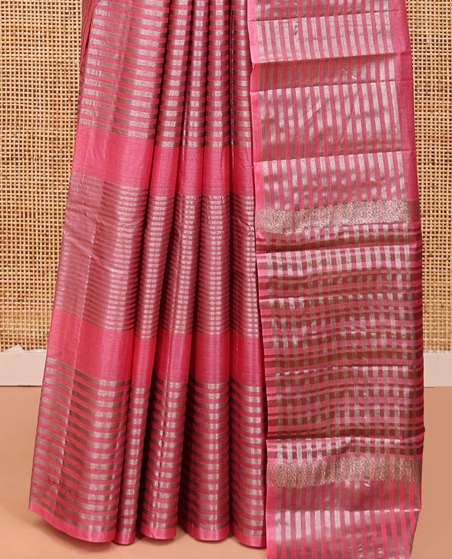 Pink Tussar Silk Saree, Highlighted by Horizontal Zari Stripes Running All Over Its Body, Highlighted by Zari Striped Border, Zari Gleamed up Pallu, and Paired with a Matching Blouse